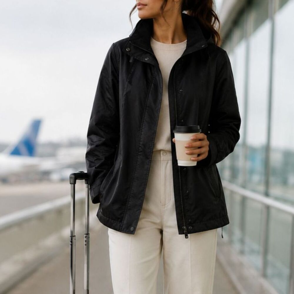 Eileen Fisher Hooded Travel Jacket Black Roll Away Hood Minimalist Petite Small